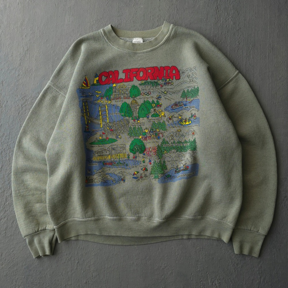 Vintage 80s Fruit of the Loom Olive Green California Map Sweatshirt XL
